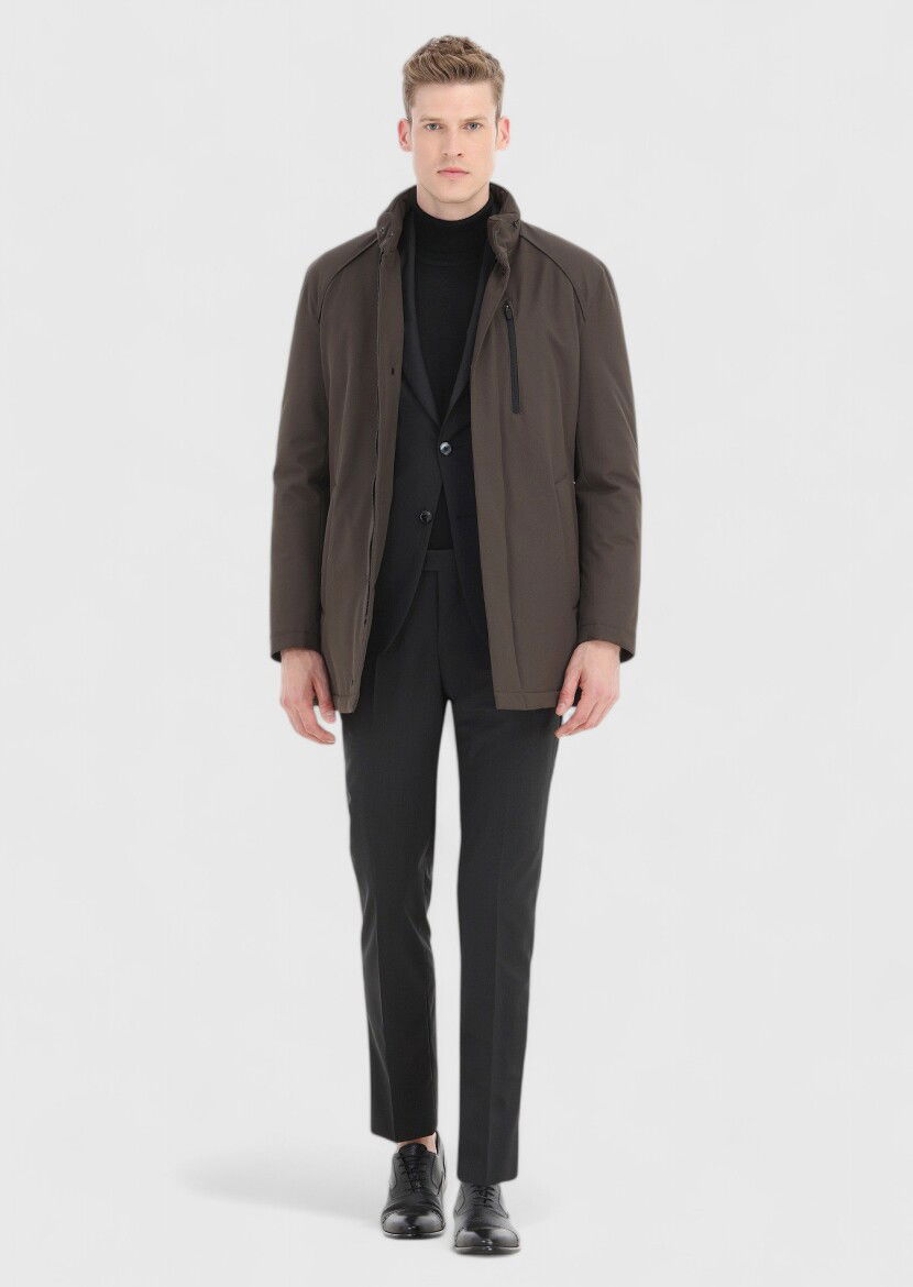 Siyah Çizgili Modern Fit %100 Yün Takım Elbise - 3