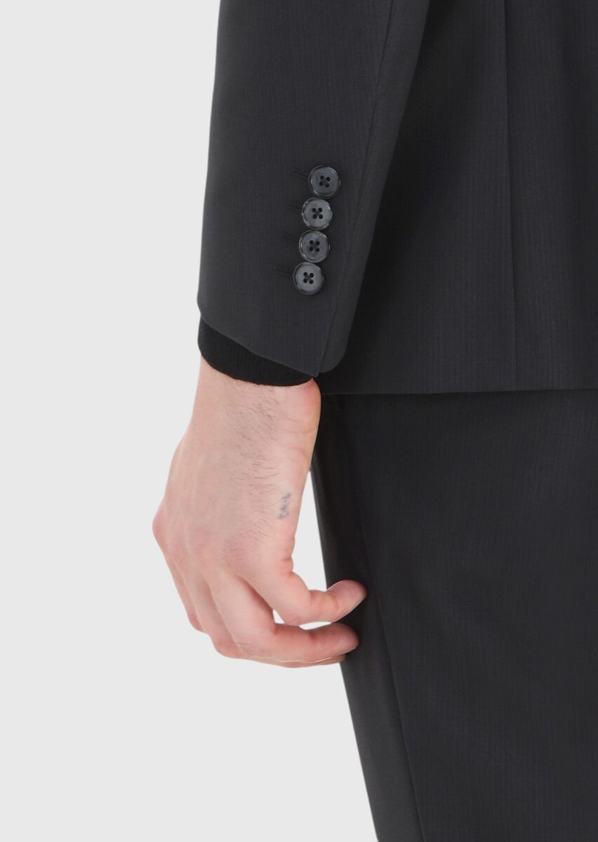 Siyah Çizgili Modern Fit %100 Yün Takım Elbise - 5