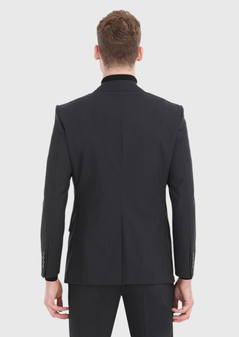 Siyah Çizgili Modern Fit %100 Yün Takım Elbise - 6