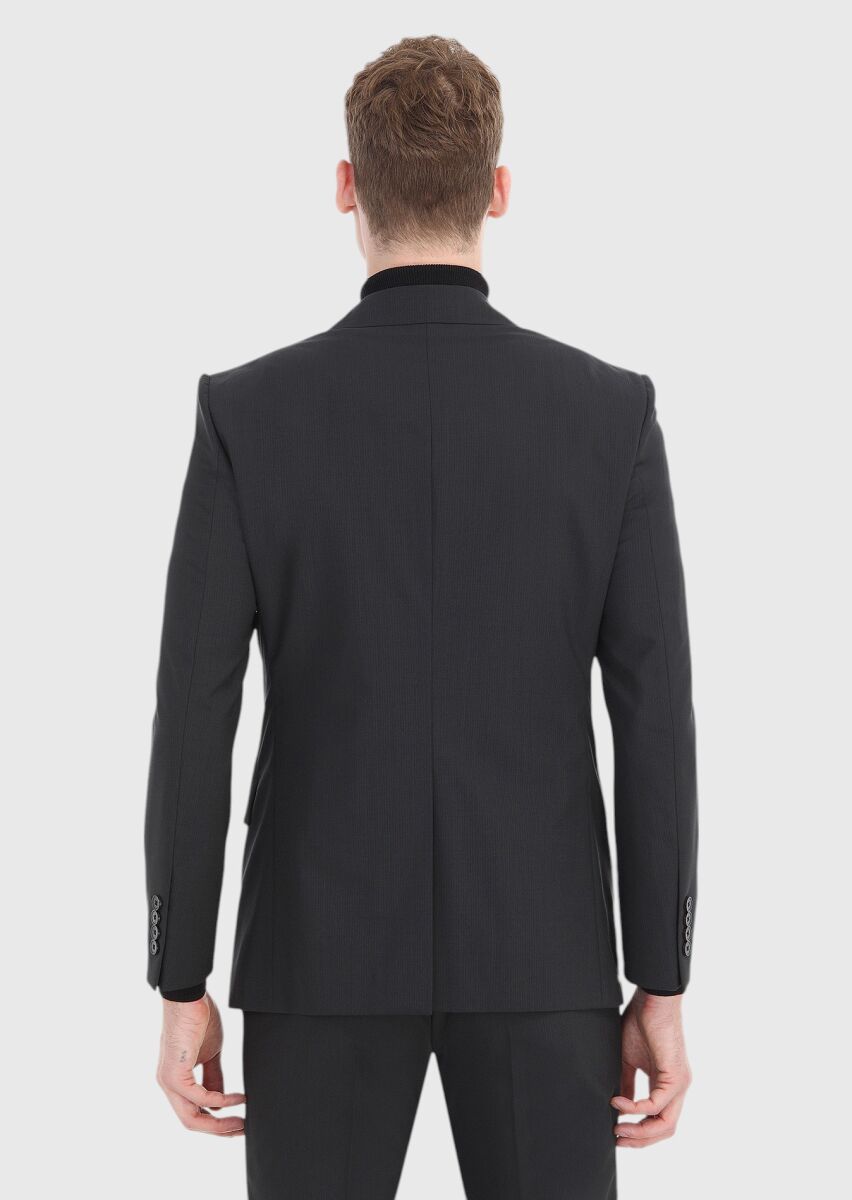 Siyah Çizgili Modern Fit %100 Yün Takım Elbise - 6