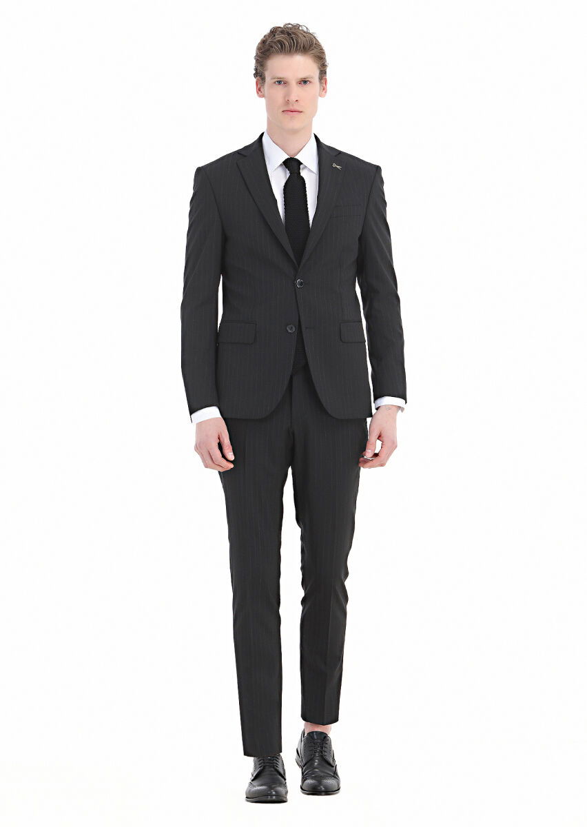 Siyah Çizgili Modern Fit Yün Karışımlı Takım Elbise - 1