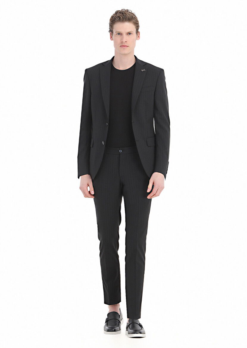 Siyah Çizgili Modern Fit Yün Karışımlı Takım Elbise - 3
