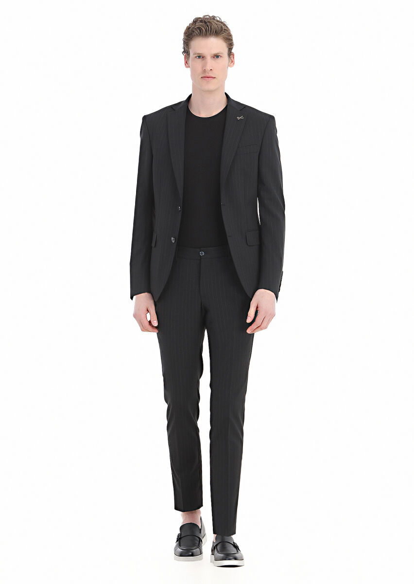 Siyah Çizgili Modern Fit Yün Karışımlı Takım Elbise - 3