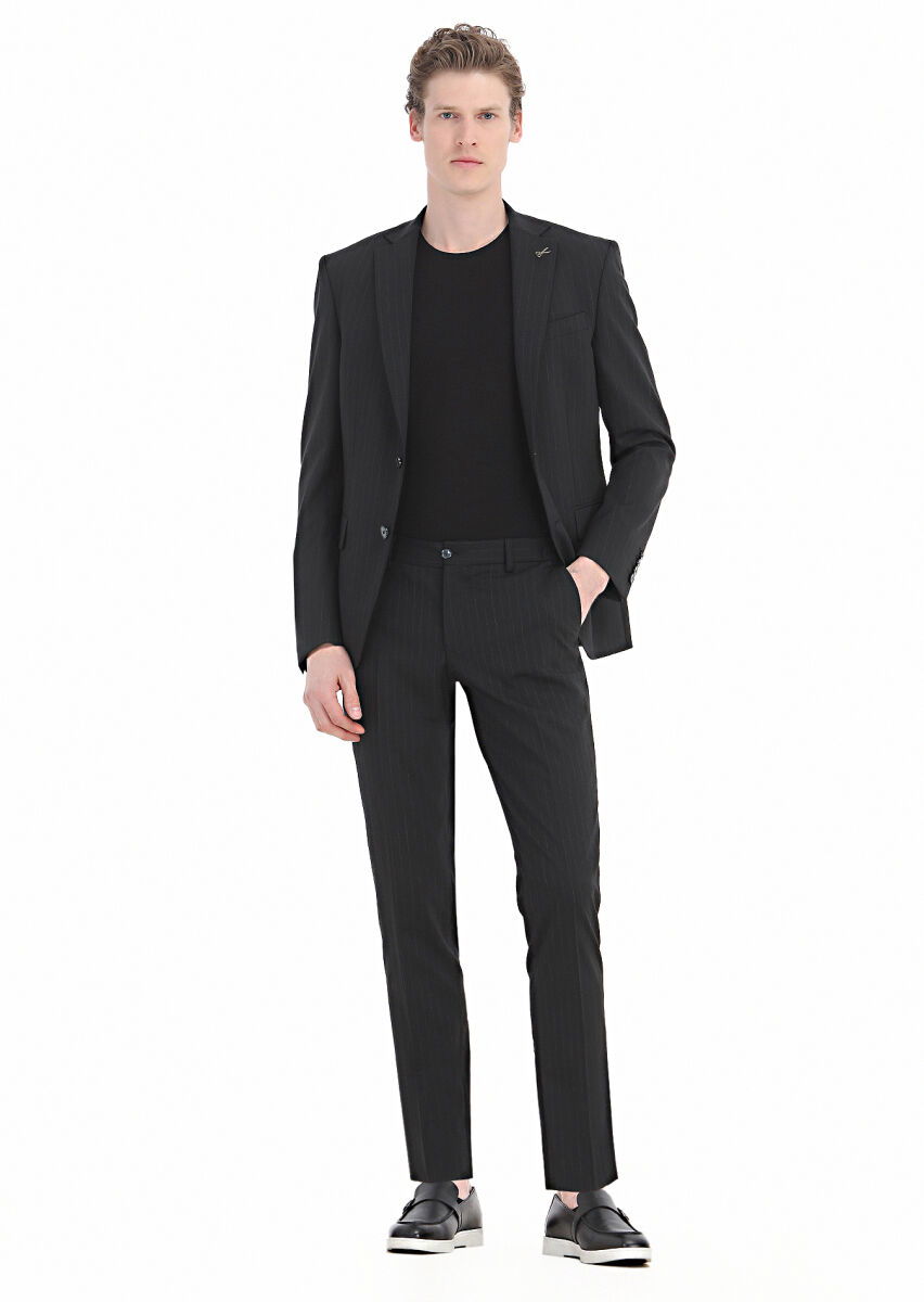 Siyah Çizgili Modern Fit Yün Karışımlı Takım Elbise - 6