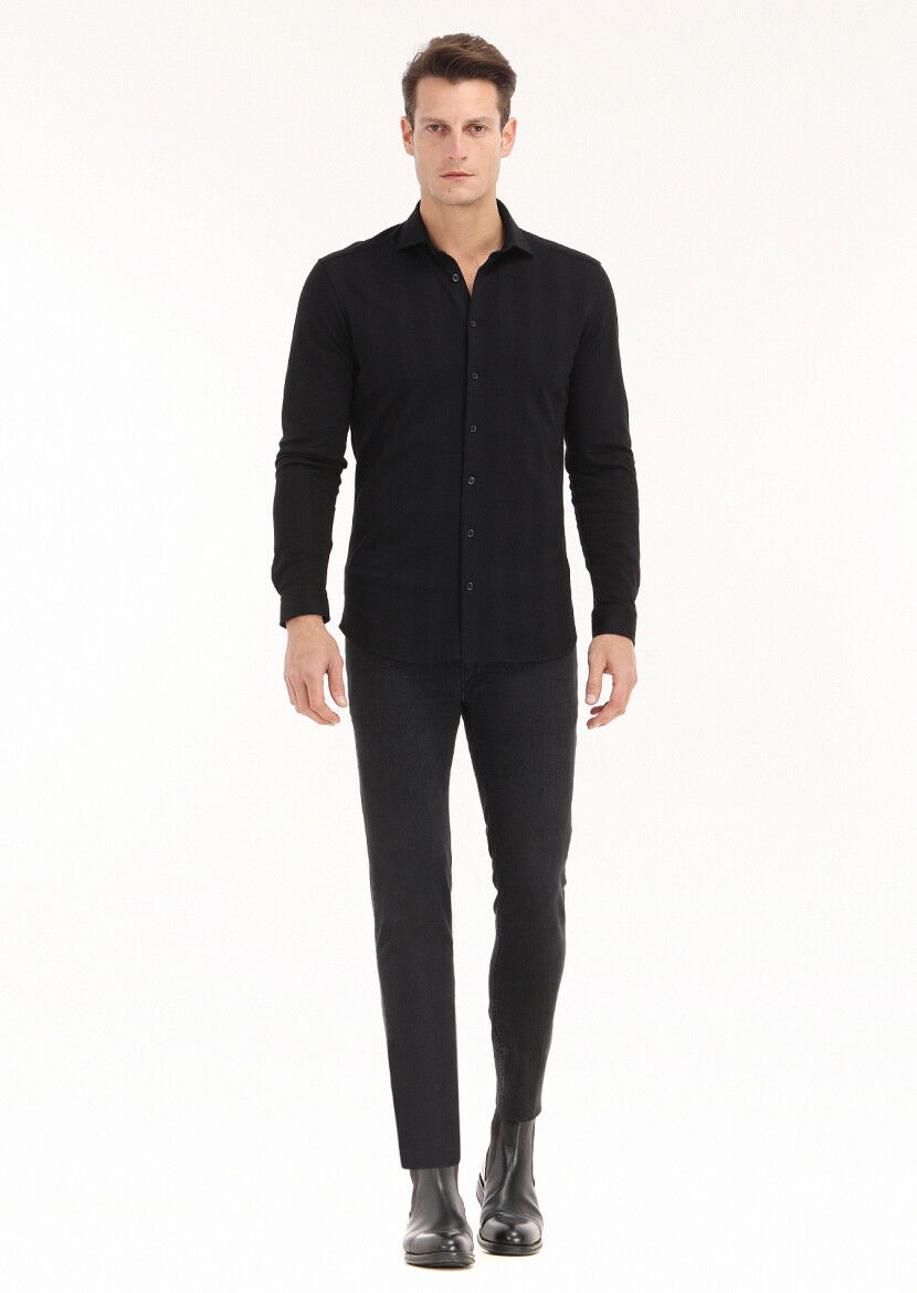 Siyah Çizgili Slim Fit Casual %100 Pamuk Gömlek 
