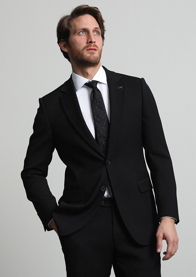 Siyah Çizgili Thin&taller Slim Fit Yün Karışımlı Takım Elbise - 3