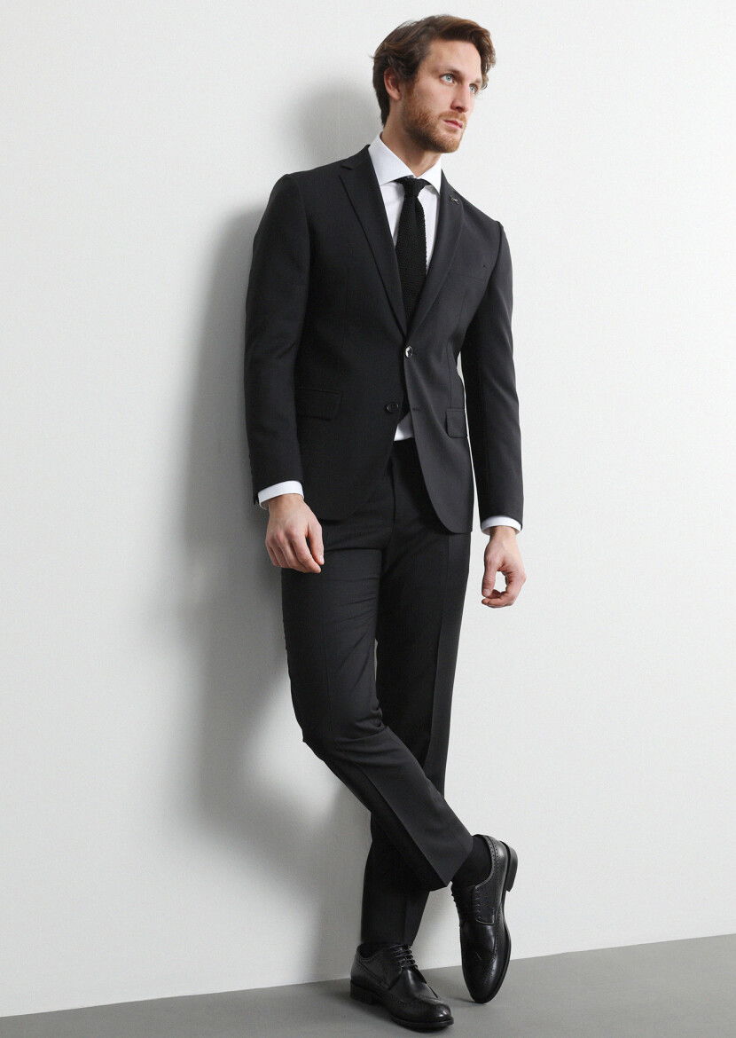 Siyah Çizgili Zeroweight Slim Fit Yün Karışımlı Takım Elbise - 3