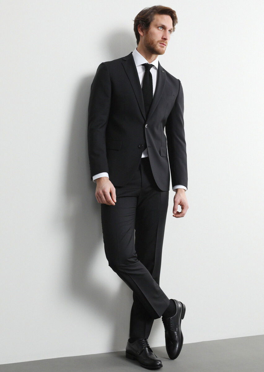 Siyah Çizgili Zeroweight Slim Fit Yün Karışımlı Takım Elbise - 3