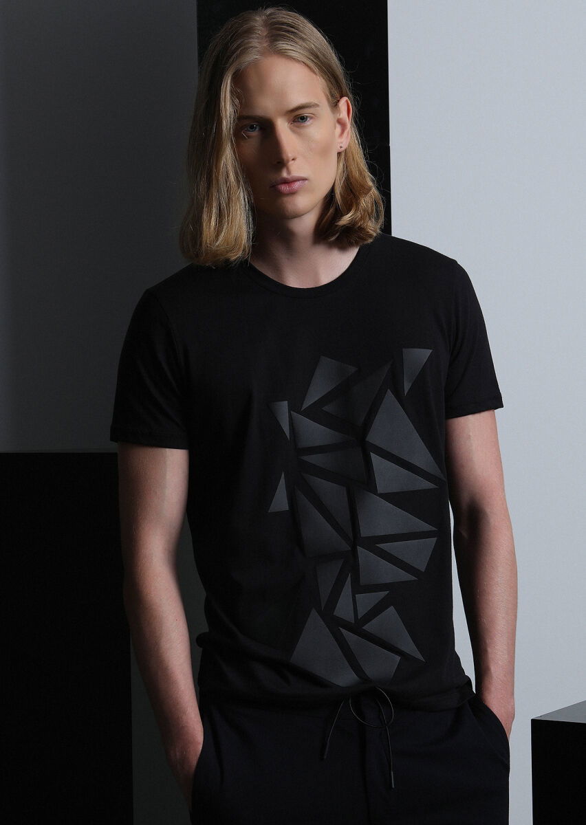 Siyah Desenli %100 Pamuk T-Shirt - 1