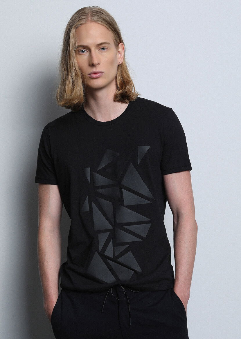 Siyah Desenli %100 Pamuk T-Shirt - 2