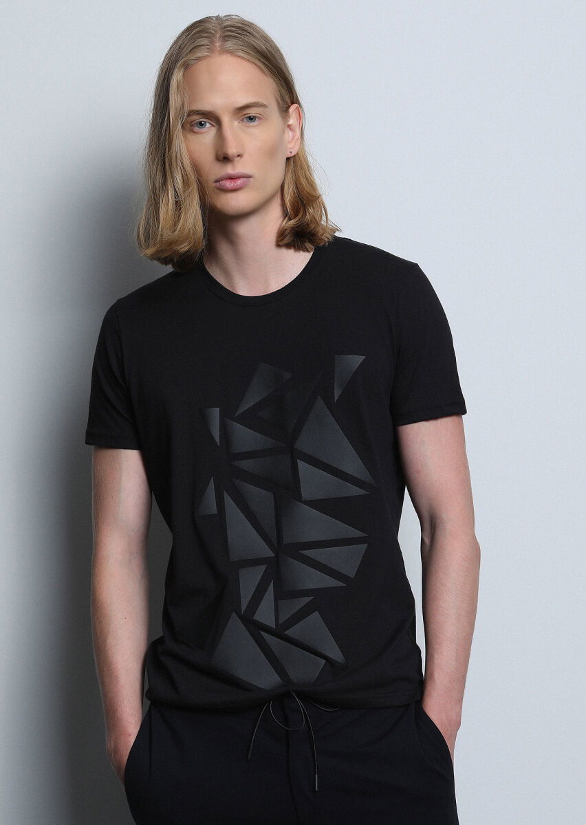 Siyah Desenli %100 Pamuk T-Shirt - 2