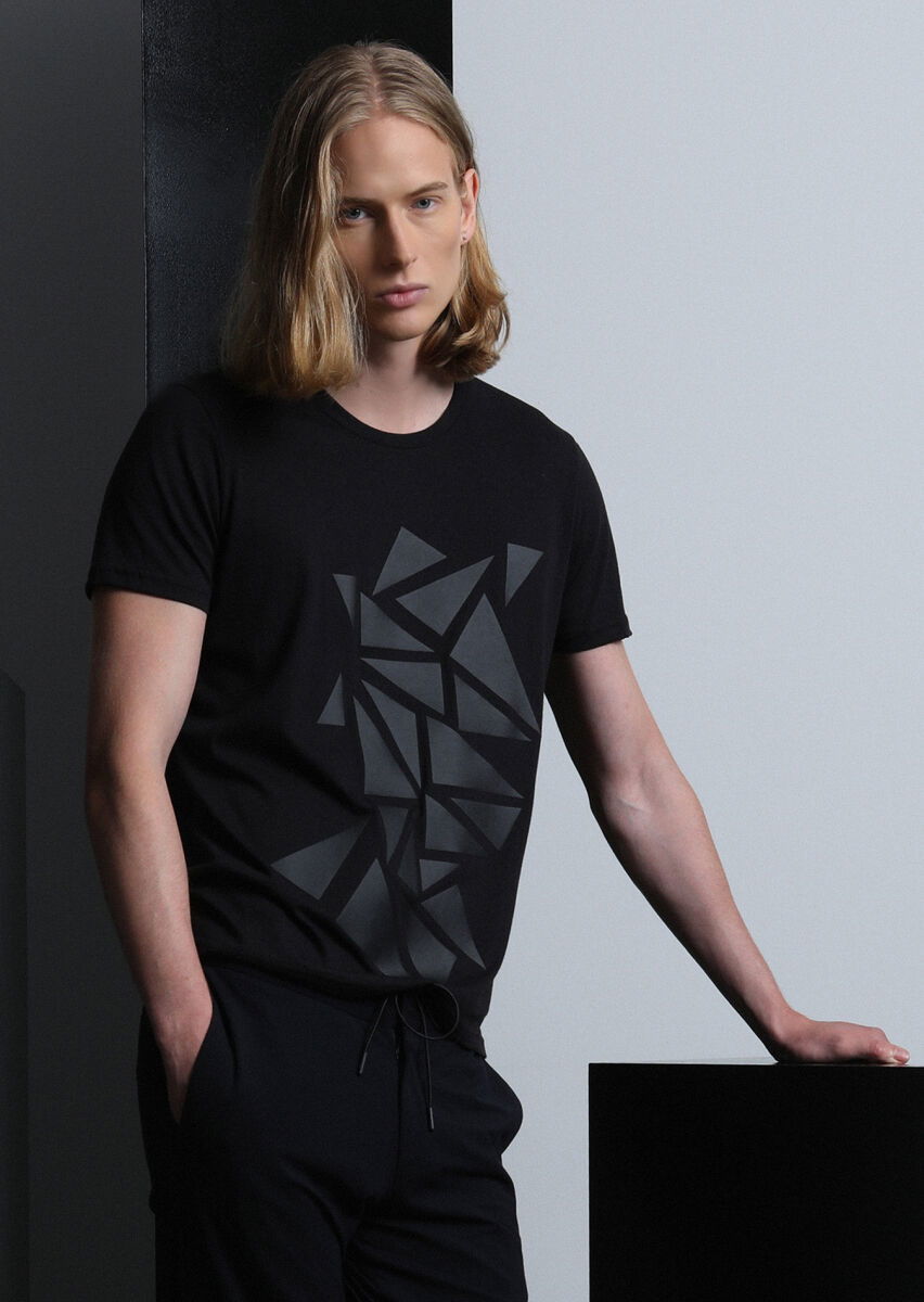 Siyah Desenli %100 Pamuk T-Shirt - 3