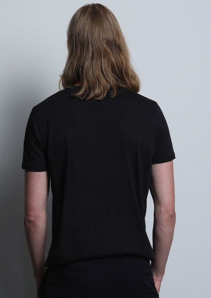 Siyah Desenli %100 Pamuk T-Shirt - 5