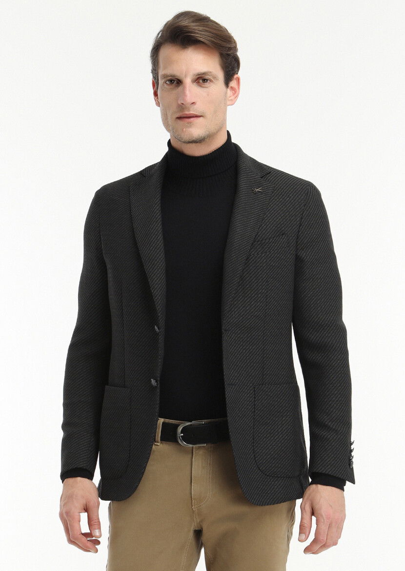 Siyah Desenli Comfort Fit Yün Karışımlı Ceket - 3