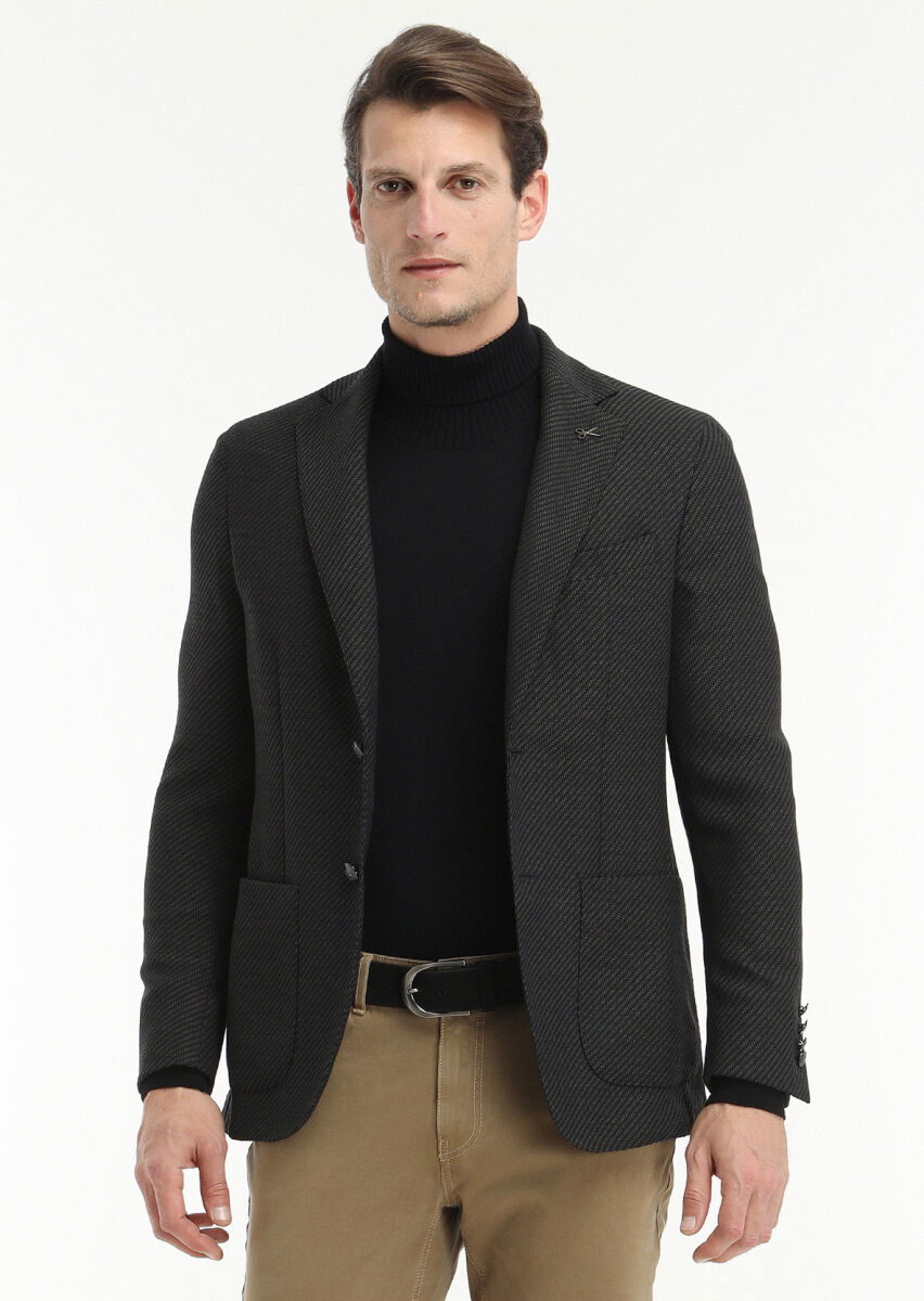 Siyah Desenli Comfort Fit Yün Karışımlı Ceket - 3