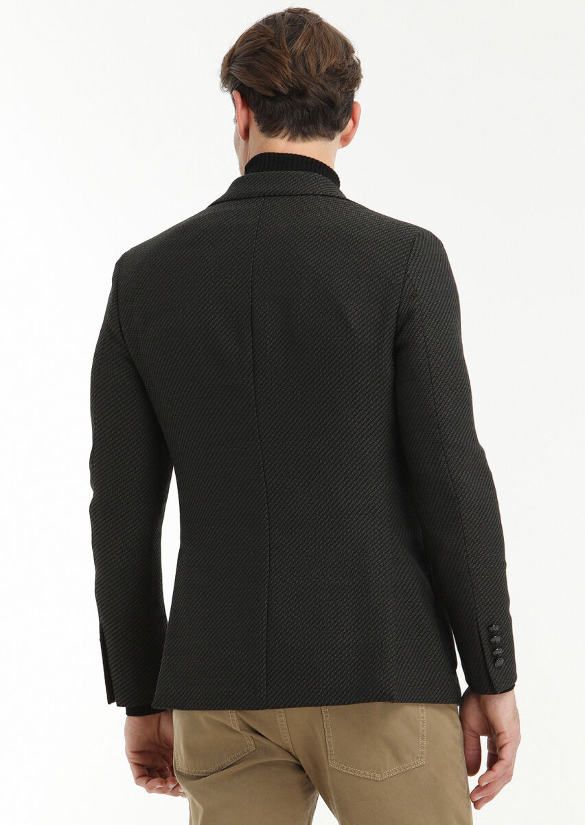 Siyah Desenli Comfort Fit Yün Karışımlı Ceket - 4