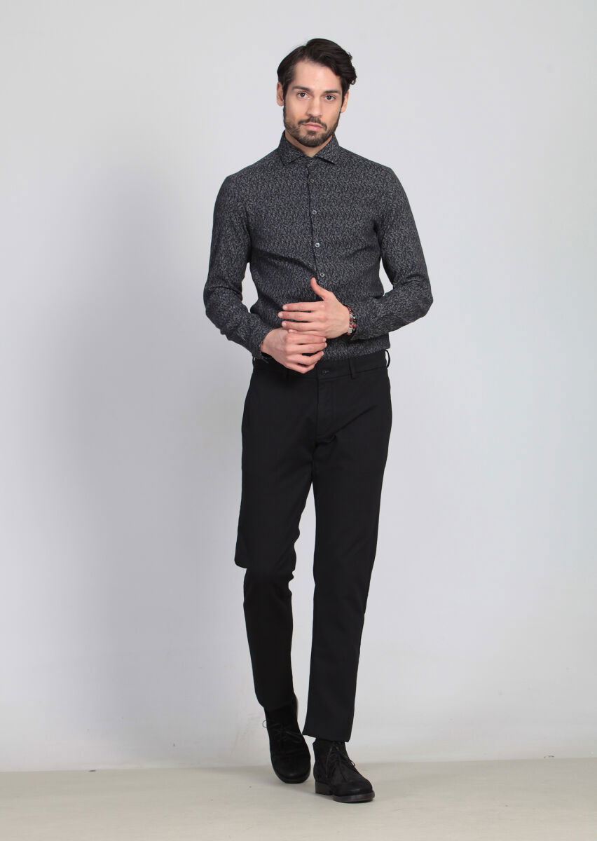 Siyah Desenli Dokuma Regular Fit Casual Pamuk Karışımlı Pantolon - 2
