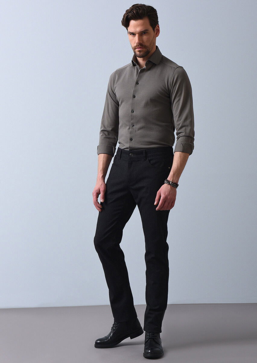 Siyah Desenli Dokuma Slim Fit Casual Pamuk Karışımlı Pantolon - 2