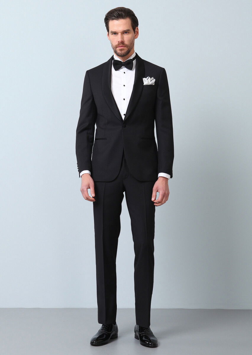 Siyah Desenli Modern Fit Şal Yaka Dokuma Smokin Takım Elbise - 3