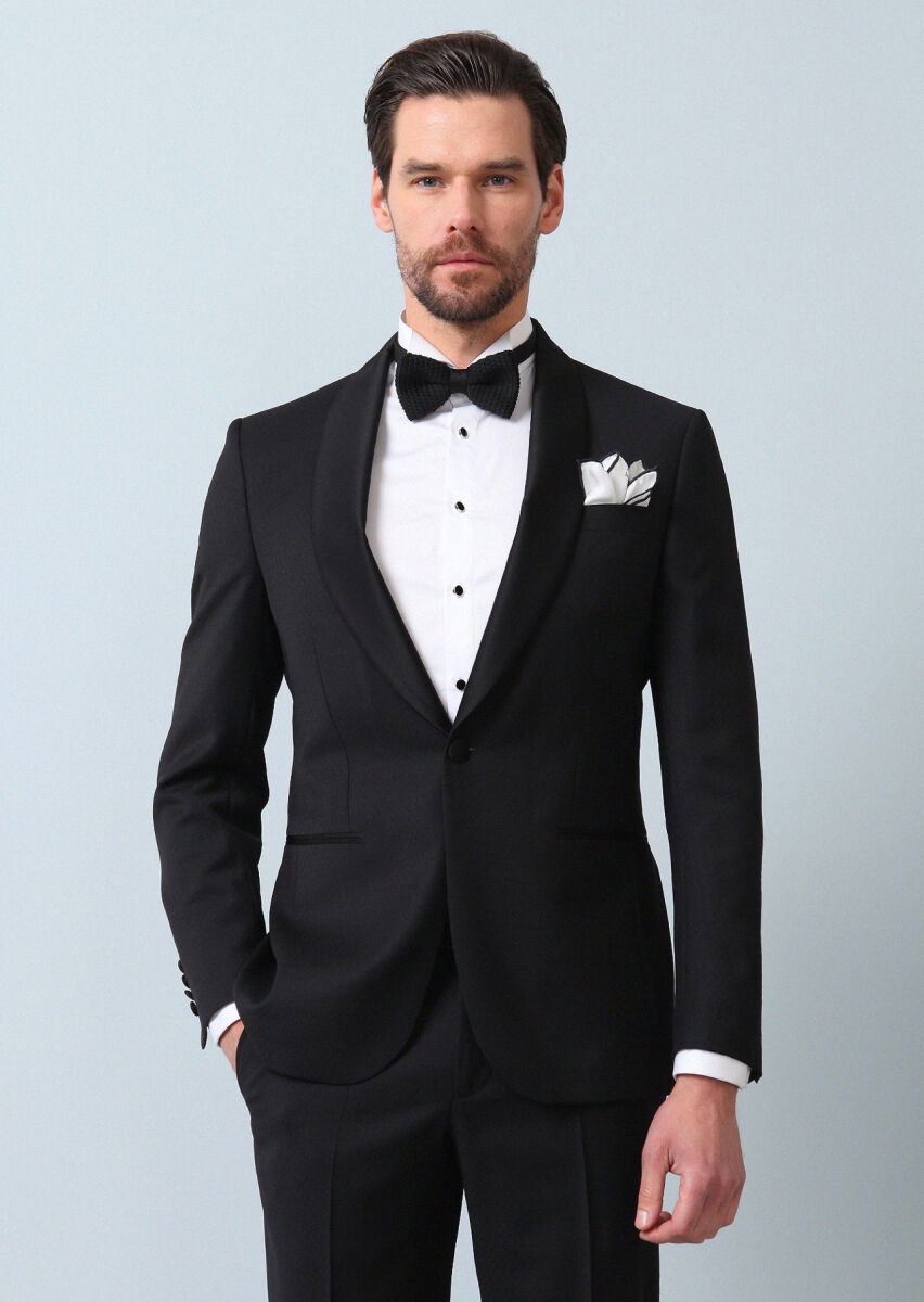 Siyah Desenli Modern Fit Şal Yaka Dokuma Smokin Takım Elbise - 4