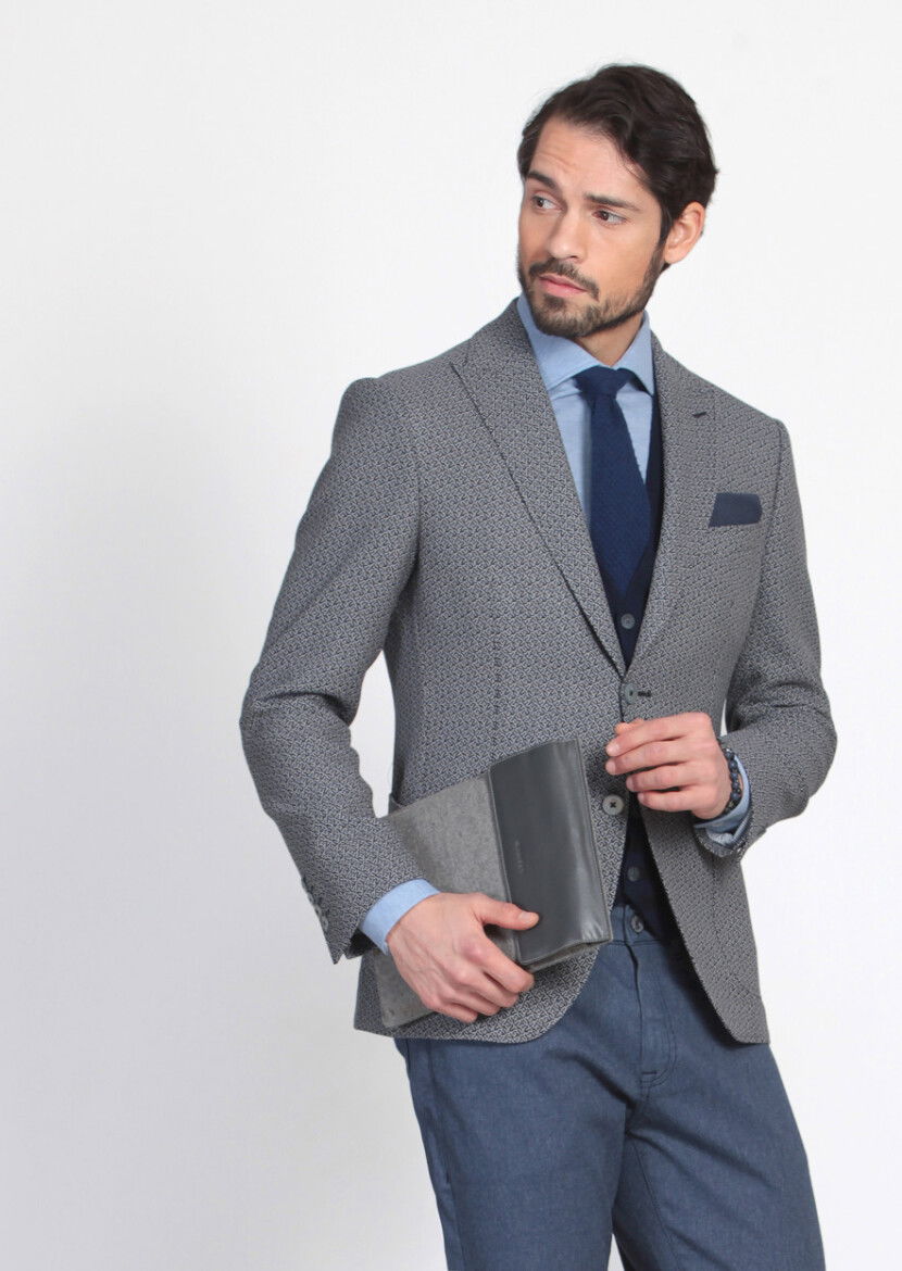 Siyah Desenli Zeroweight Slim Fit %100 Yün Ceket - 1