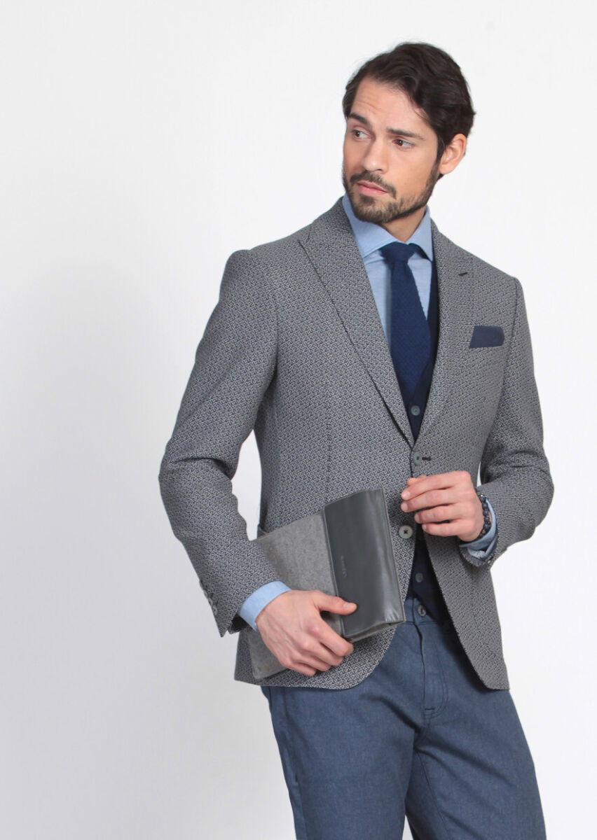 Siyah Desenli Zeroweight Slim Fit %100 Yün Ceket - 1
