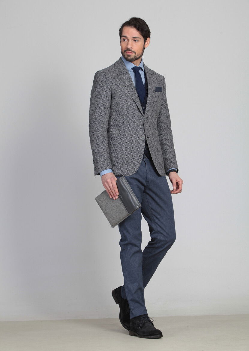 Siyah Desenli Zeroweight Slim Fit %100 Yün Ceket - 2