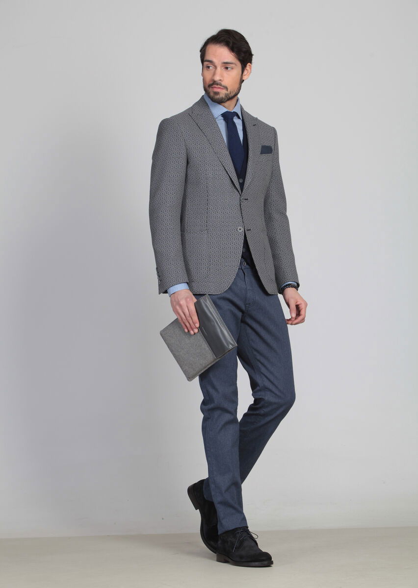 Siyah Desenli Zeroweight Slim Fit %100 Yün Ceket - 2