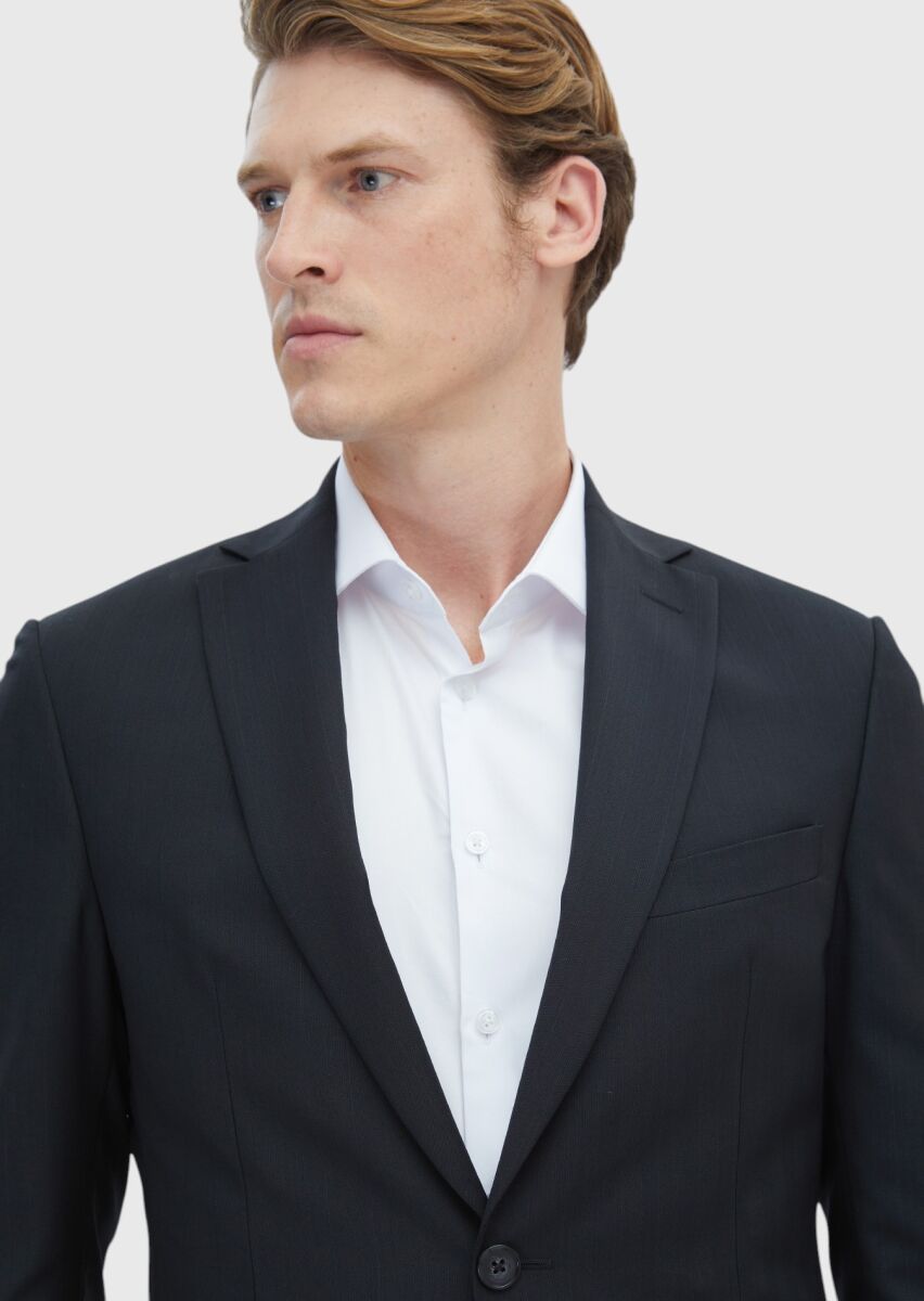 Siyah Desenli Zeroweight Slim Fit %100 Yün Takım Elbise - 3