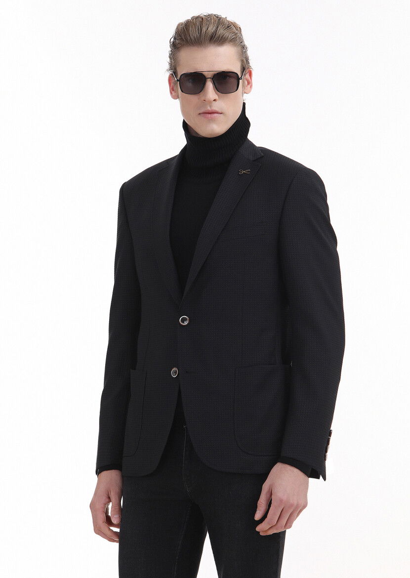 Siyah Desenli Zeroweight Slim Fit Yün Karışımlı Ceket - 1