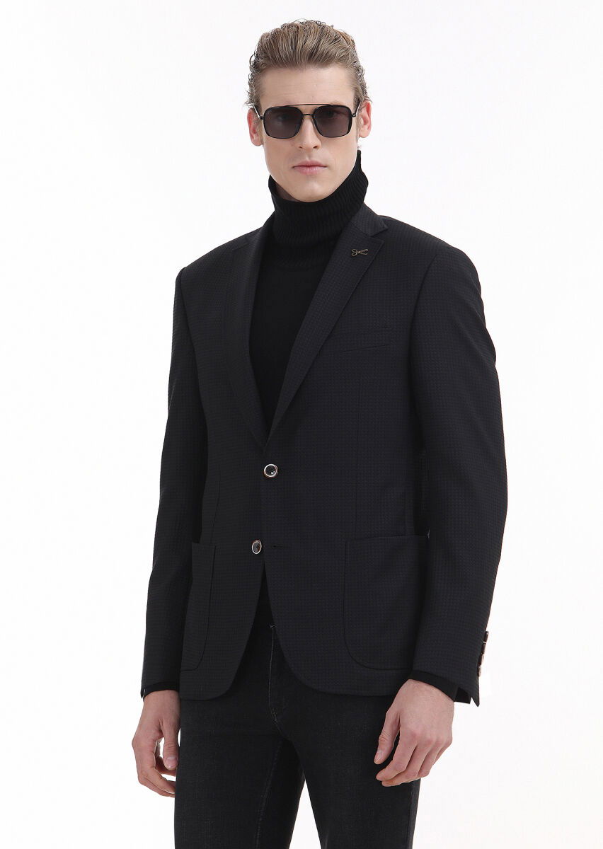 Siyah Desenli Zeroweight Slim Fit Yün Karışımlı Ceket - 1