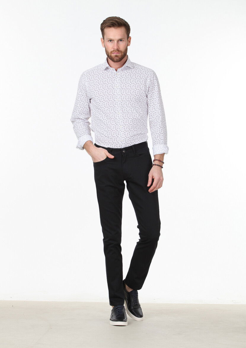 Siyah Dokuma Slim Fit Casual Pamuk Karışımlı Pantolon 