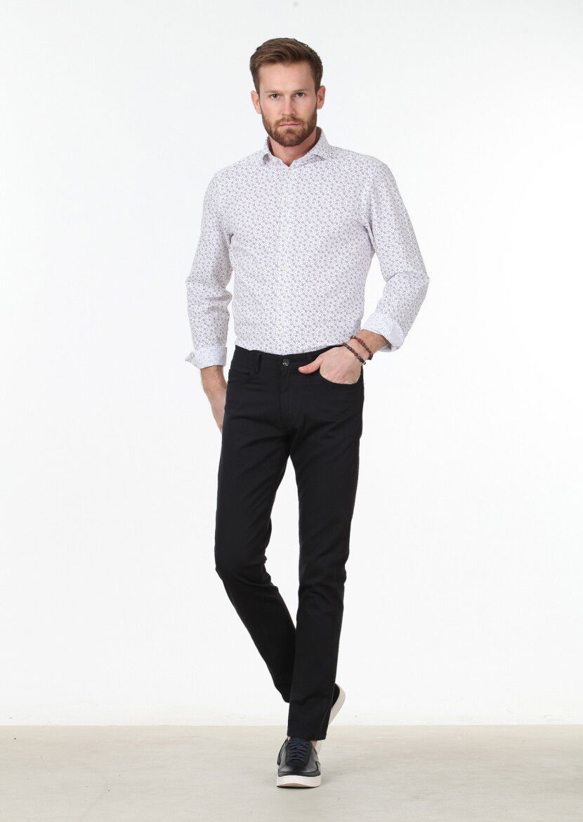 Siyah Dokuma Slim Fit Casual Pamuk Karışımlı Pantolon 