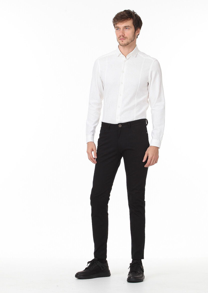 Siyah Dokuma Slim Fit Casual Pamuk Karışımlı Pantolon 