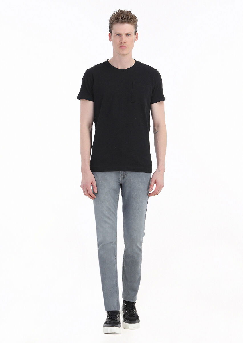 Siyah Düz Bisiklet Yaka %100 Keten T-Shirt - 1