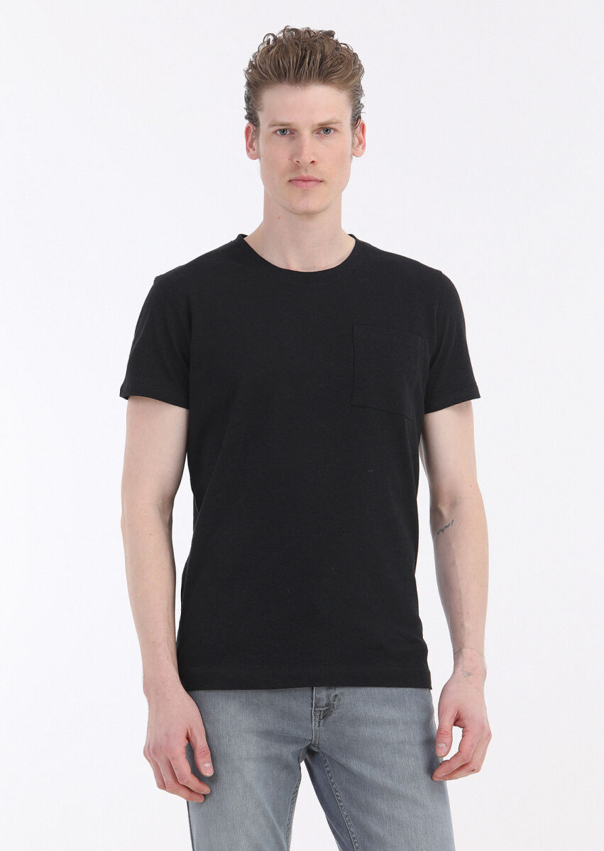 Siyah Düz Bisiklet Yaka %100 Keten T-Shirt - 2