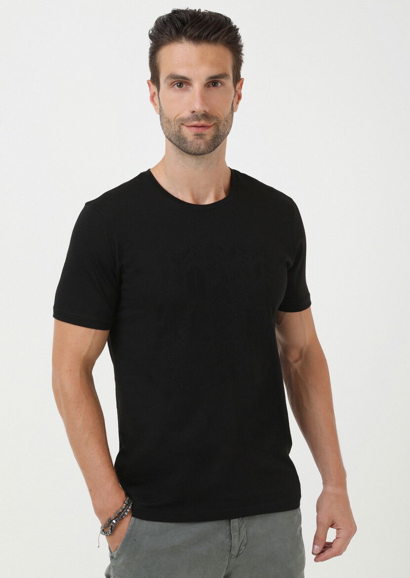 Siyah Düz Bisiklet Yaka %100 Pamuk T-Shirt 