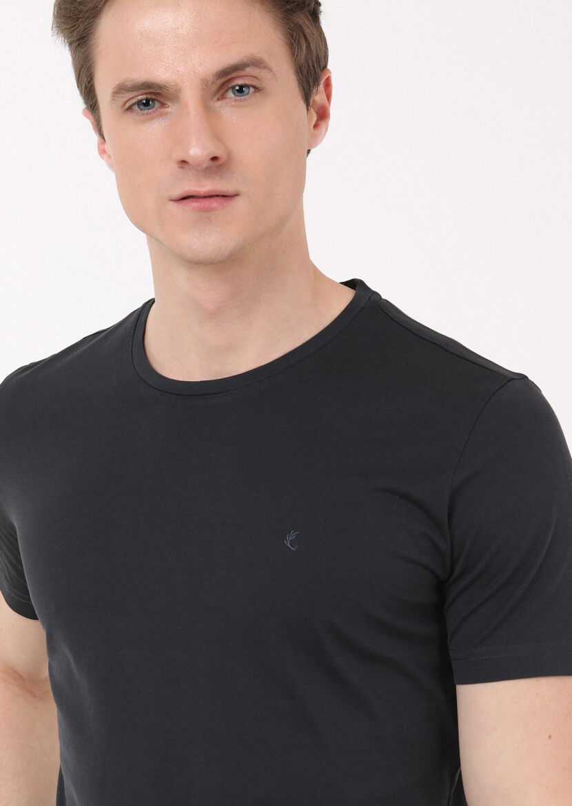 Siyah Düz Bisiklet Yaka %100 Pamuk T-Shirt 