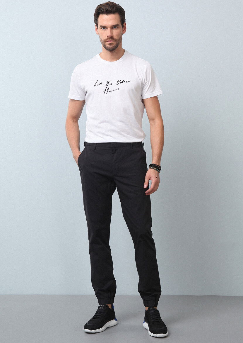 Siyah Düz Dokuma Jogging Fit Casual Pamuk Karışımlı Pantolon - 1