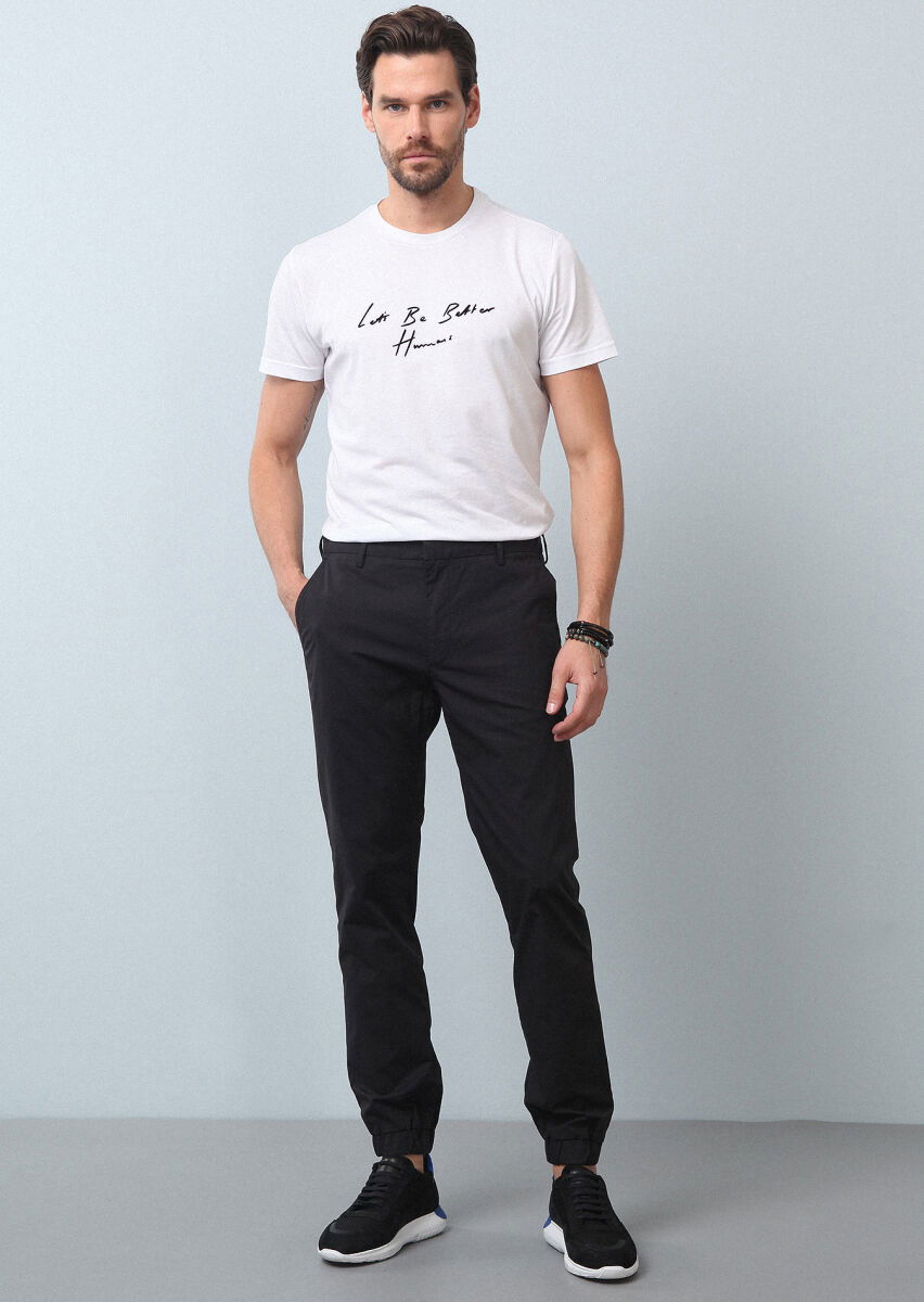 Siyah Düz Dokuma Jogging Fit Casual Pamuk Karışımlı Pantolon - 1