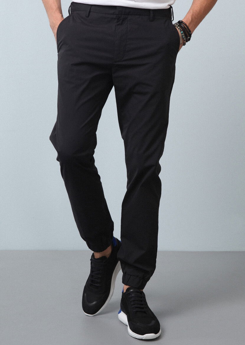 Siyah Düz Dokuma Jogging Fit Casual Pamuk Karışımlı Pantolon - 2