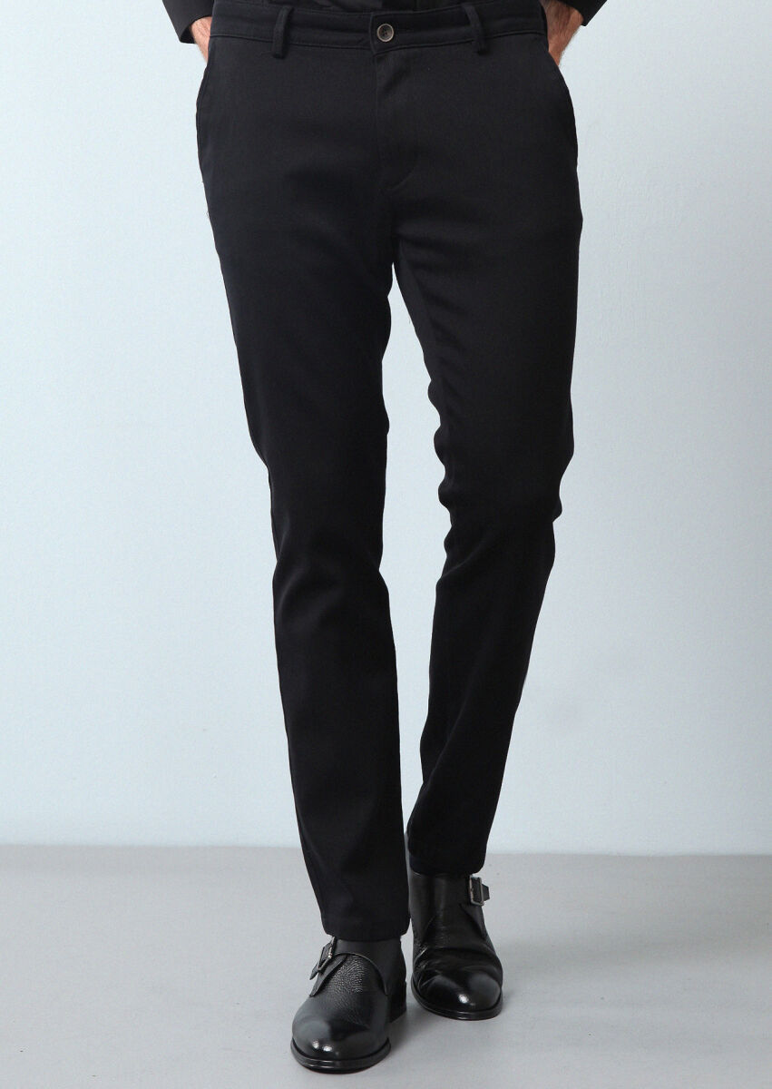 Siyah Düz Dokuma Regular Fit Casual %100 Pamuk Pantolon - 2