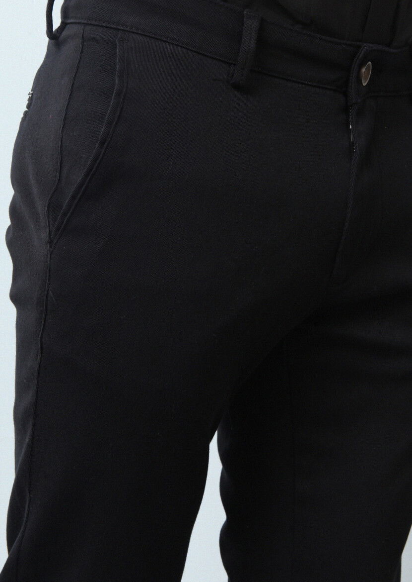 Siyah Düz Dokuma Regular Fit Casual %100 Pamuk Pantolon - 3