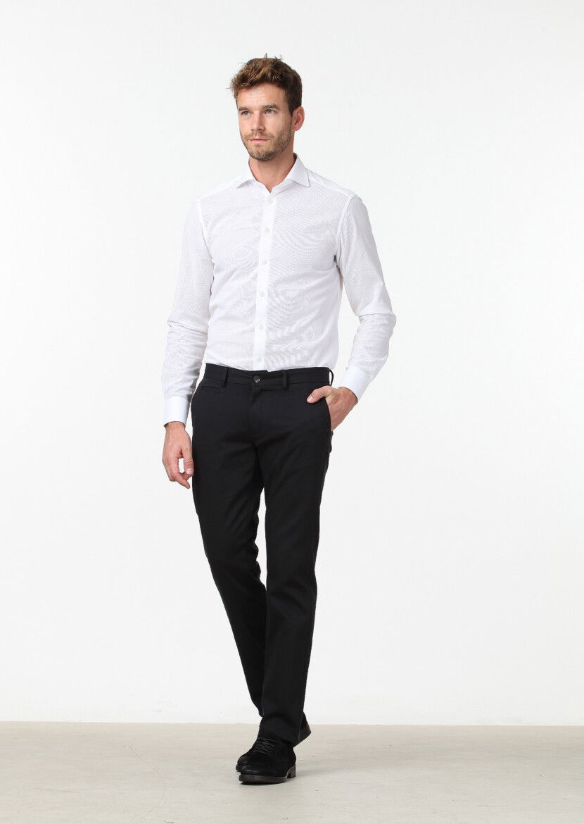 Siyah Düz Dokuma Regular Fit Casual Pamuk Karışımlı Pantolon 