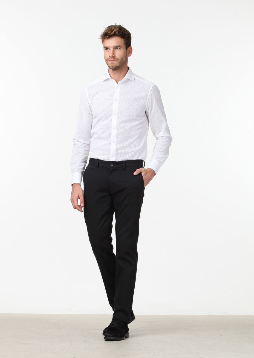 Siyah Düz Dokuma Regular Fit Casual Pamuk Karışımlı Pantolon - 1