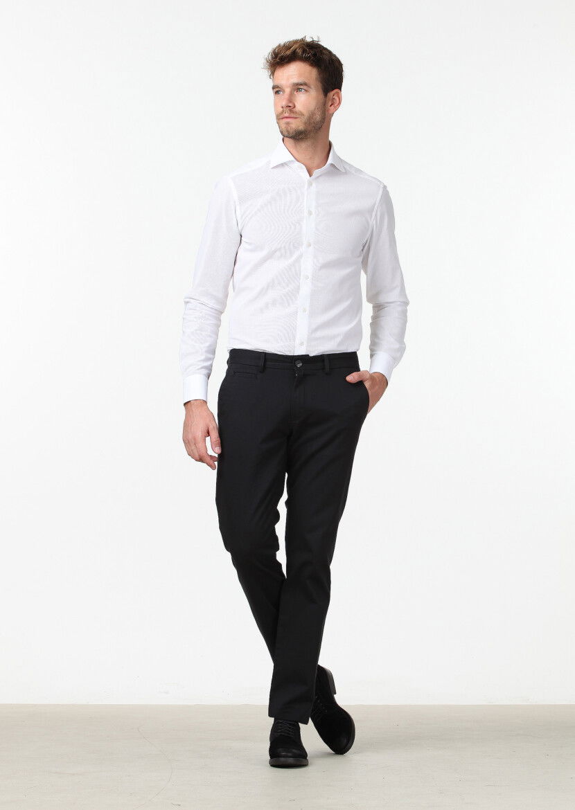 Siyah Düz Dokuma Regular Fit Casual Pamuk Karışımlı Pantolon - 2
