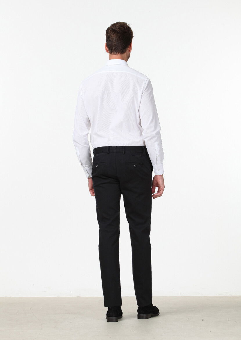 Siyah Düz Dokuma Regular Fit Casual Pamuk Karışımlı Pantolon - 4