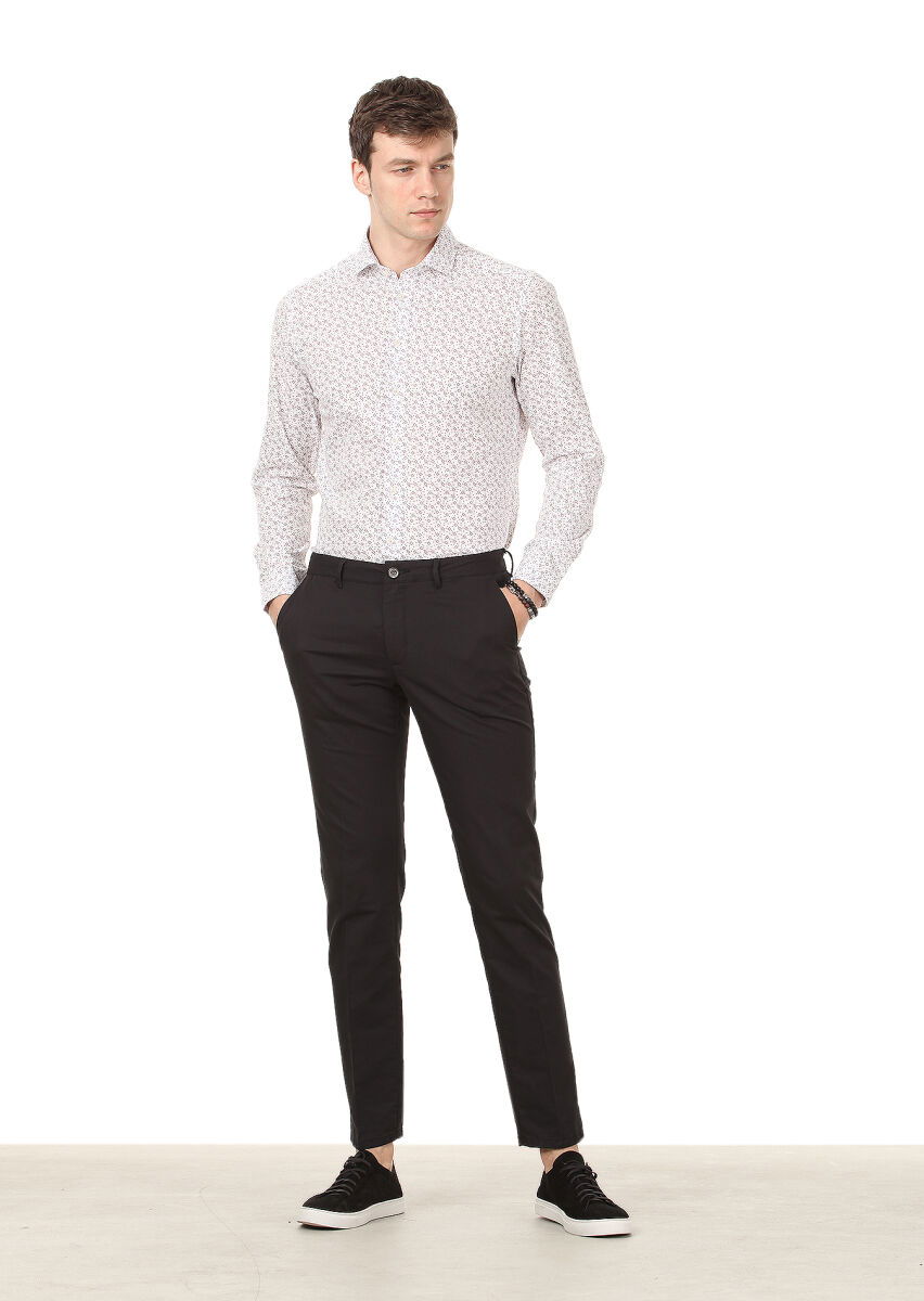 Siyah Düz Dokuma Regular Fit Casual Pamuk Karışımlı Pantolon - 1