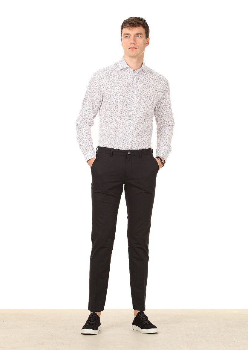 Siyah Düz Dokuma Regular Fit Casual Pamuk Karışımlı Pantolon - 2