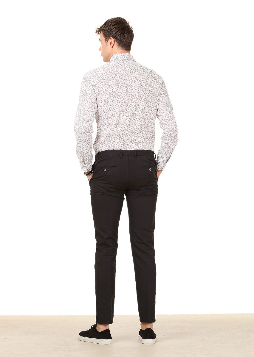 Siyah Düz Dokuma Regular Fit Casual Pamuk Karışımlı Pantolon - 4